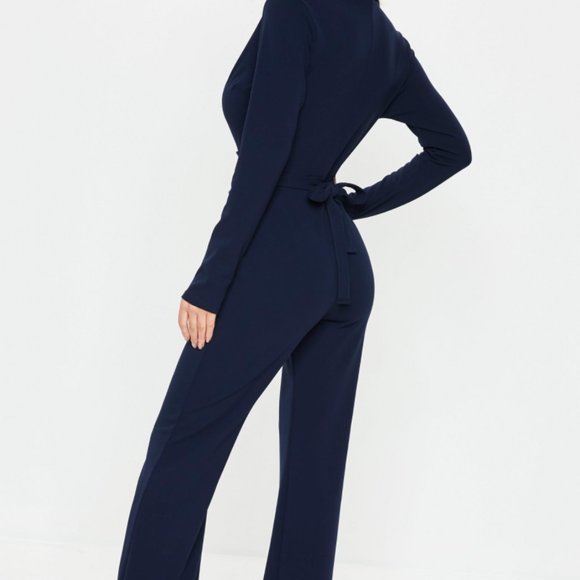 Long Sleeve Navy Blue Belted Plunge Wide Leg Jumpsuit - Picture 5 of 7